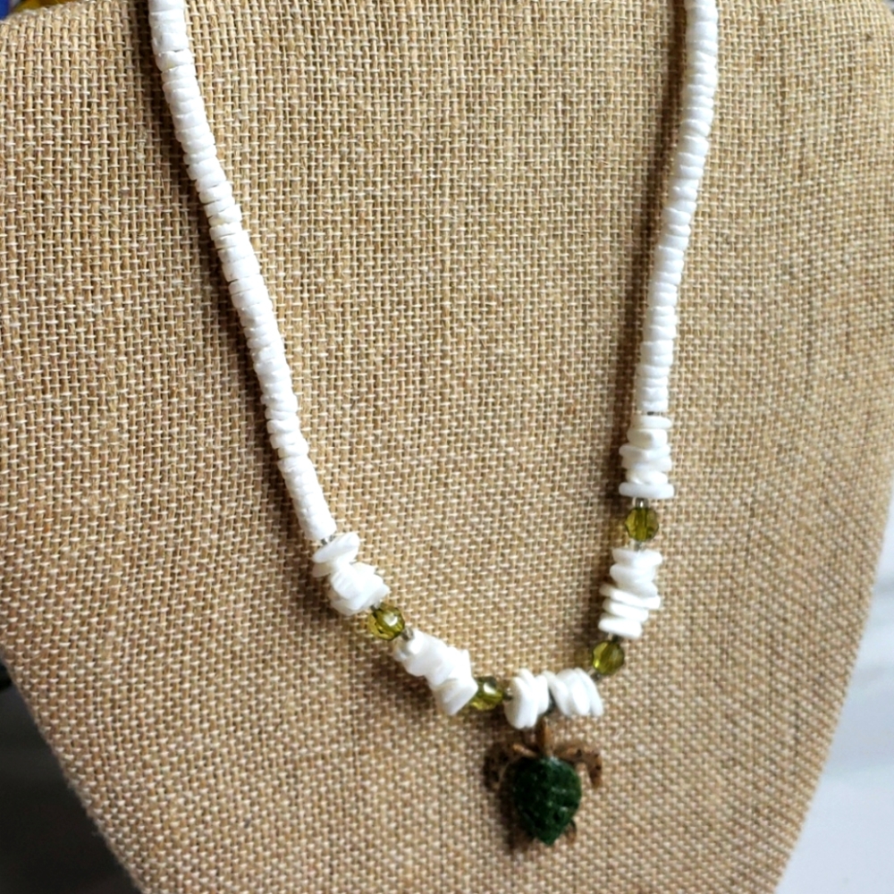 Puka shell necklace with stone turtle pendant